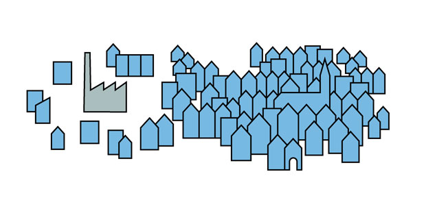 eine grafisch dargestellte Stadt bestehend aus blauen Häusern und einer Kirche. In grau ist grafisch eine Fabrik dargestellt.
