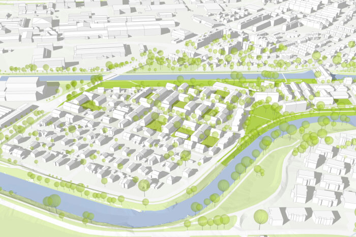 Das Bild zeigt eine perspektivische Darstellung zur Weiterentwicklung des Quartiers Endorfer Au in der Stadt Rosenheim.