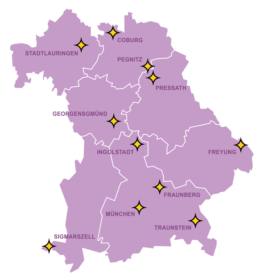 StMB Auf einer Bayernkarte sind alle elf Gemeinde des Modellprojektes mit gelben Sternen dargestellt.
