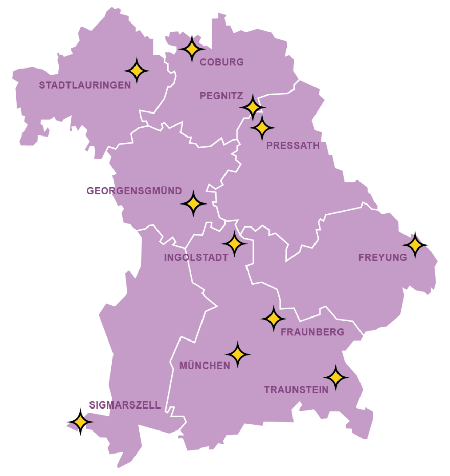 StMB Auf einer Bayernkarte sind alle elf Gemeinde des Modellprojektes mit gelben Sternen dargestellt.