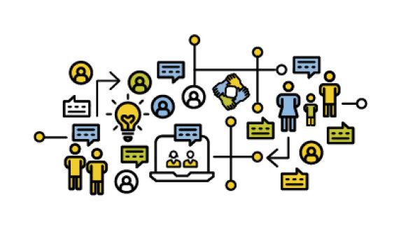 Grafik zum Innovationsfeld Beteiligung: ein Beteiligungsverfahren mit Bürgerinnen und Bürgern grafisch dargestellt