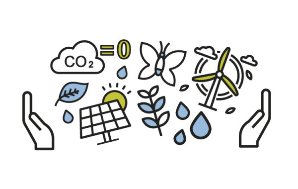 Grafik: Zwischen zwei Händen sieht man ein Windrad, CO2, eine Solarzelle, einen Schmetterling